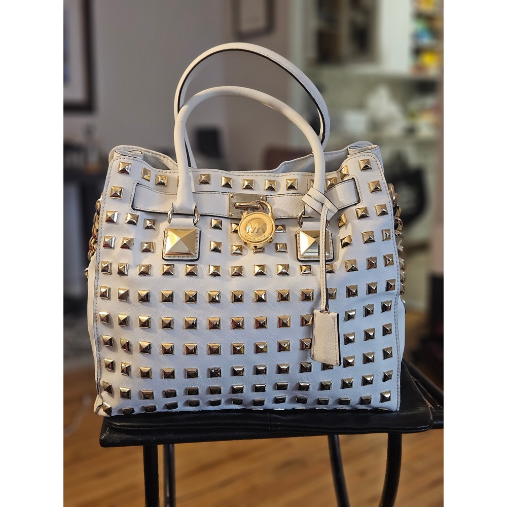 Michael Kors Hamilton Satchel White Saffiano Leather Gold Studded MK Padlock Bag